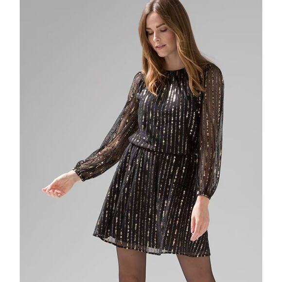 WHITE HOUSE BLACK MARKET Black Sequin Blouson Dress Small Long Sleeve Cocktail - Picture 3 of 12